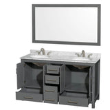 Sheffield 60 Inch Double Bathroom Vanity in Espresso, White Carrara Marble Countertop, Undermount Oval Sinks, and 58 Inch Mirror