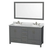 Wyndham Collection - Sheffield 60 Inch Double Bathroom Vanity in Dark Gray, White Carrara Marble Countertop, Undermount Oval Sinks, and 58 Inch Mirror - Dark Gray