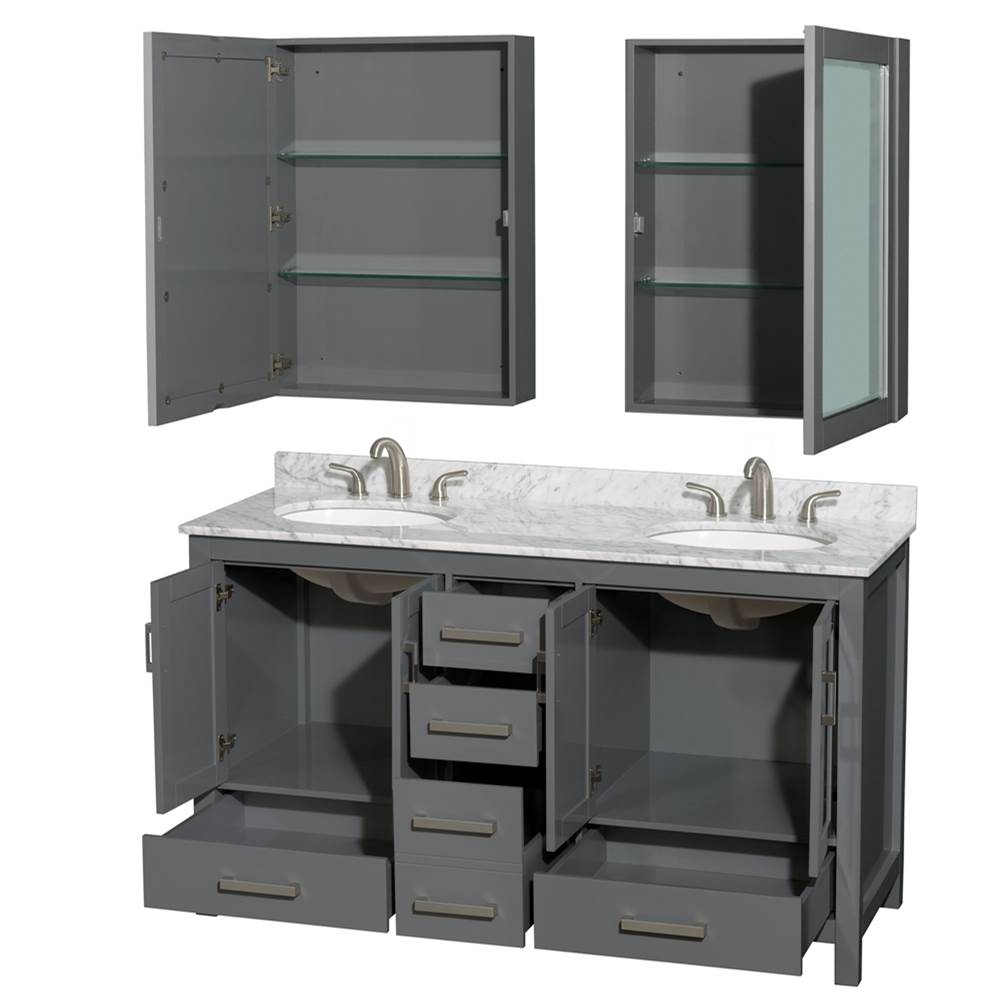 Sheffield 60 Inch Double Bathroom Vanity in Espresso, White Carrara Marble Countertop, Undermount Oval Sinks, and Medicine Cabinets