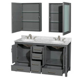 Sheffield 60 Inch Double Bathroom Vanity in Espresso, White Carrara Marble Countertop, Undermount Oval Sinks, and Medicine Cabinets