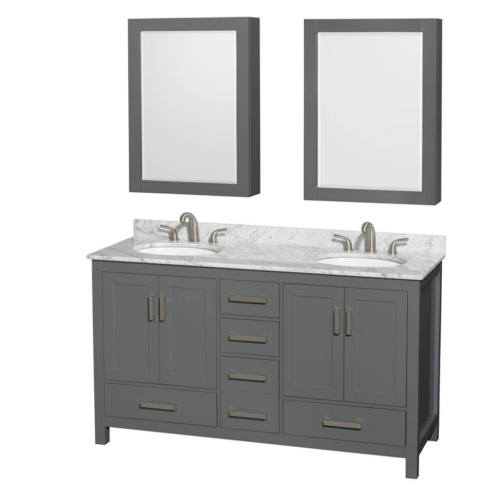 Wyndham Collection - Sheffield 60 Inch Double Bathroom Vanity in Dark Gray, White Carrara Marble Countertop, Undermount Oval Sinks, and Medicine Cabinets - Dark Gray