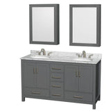 Wyndham Collection - Sheffield 60 Inch Double Bathroom Vanity in Dark Gray, White Carrara Marble Countertop, Undermount Oval Sinks, and Medicine Cabinets - Dark Gray