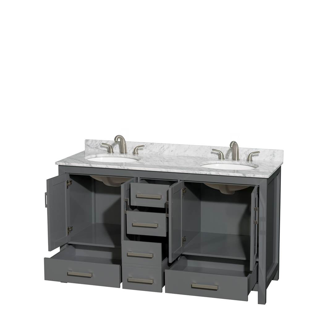 Sheffield 60 Inch Double Bathroom Vanity in Espresso, White Carrara Marble Countertop, Undermount Oval Sinks, and No Mirror