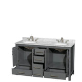 Sheffield 60 Inch Double Bathroom Vanity in Espresso, White Carrara Marble Countertop, Undermount Oval Sinks, and No Mirror