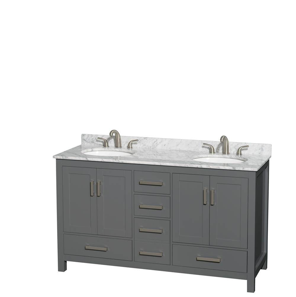 Wyndham Collection - Sheffield 60 Inch Double Bathroom Vanity in Dark Gray, White Carrara Marble Countertop, Undermount Oval Sinks, and No Mirror - Dark Gray