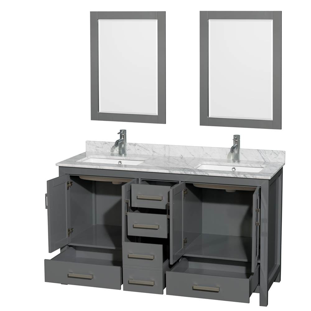 Sheffield 60 Inch Double Bathroom Vanity in Espresso, White Carrara Marble Countertop, Undermount Square Sinks, and 24 Inch Mirrors