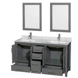 Sheffield 60 Inch Double Bathroom Vanity in Espresso, White Carrara Marble Countertop, Undermount Square Sinks, and 24 Inch Mirrors