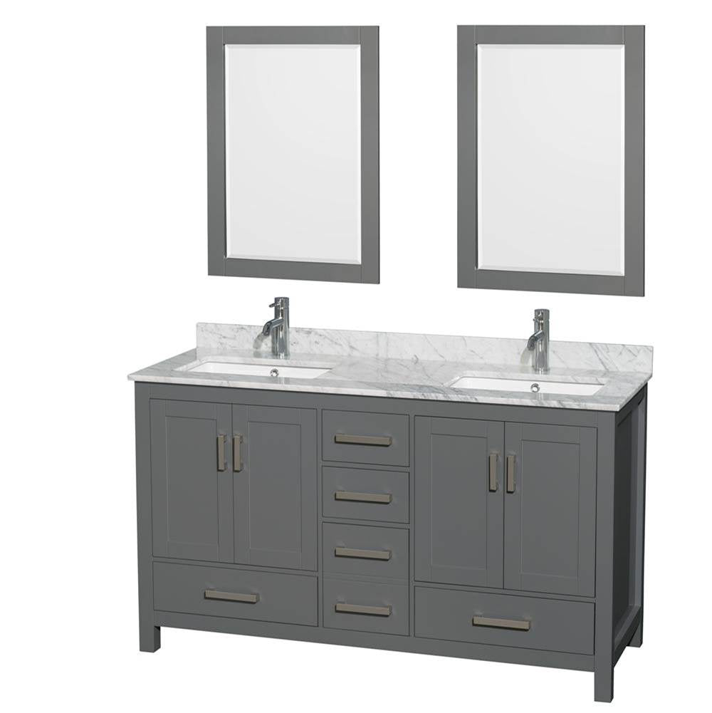 Wyndham Collection - Sheffield 60 Inch Double Bathroom Vanity in Dark Gray, White Carrara Marble Countertop, Undermount Square Sinks, and 24 Inch Mirrors - Dark Gray
