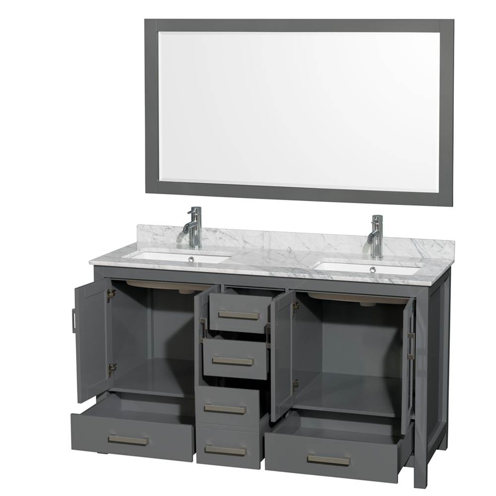 Sheffield 60 Inch Double Bathroom Vanity in Espresso, White Carrara Marble Countertop, Undermount Square Sinks, and 58 Inch Mirror