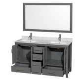 Sheffield 60 Inch Double Bathroom Vanity in Espresso, White Carrara Marble Countertop, Undermount Square Sinks, and 58 Inch Mirror