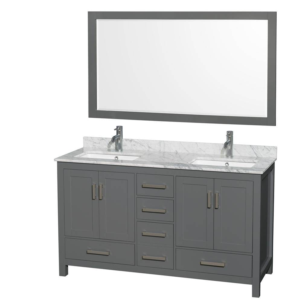 Wyndham Collection - Sheffield 60 Inch Double Bathroom Vanity in Dark Gray, White Carrara Marble Countertop, Undermount Square Sinks, and 58 Inch Mirror - Dark Gray