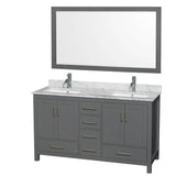 Wyndham Collection - Sheffield 60 Inch Double Bathroom Vanity in Dark Gray, White Carrara Marble Countertop, Undermount Square Sinks, and 58 Inch Mirror - Dark Gray