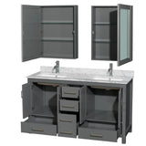 Sheffield 60 Inch Double Bathroom Vanity in Espresso, White Carrara Marble Countertop, Undermount Square Sinks, and Medicine Cabinets