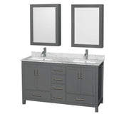 Wyndham Collection - Sheffield 60 Inch Double Bathroom Vanity in Dark Gray, White Carrara Marble Countertop, Undermount Square Sinks, and Medicine Cabinets - Dark Gray