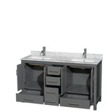 Sheffield 60 Inch Double Bathroom Vanity in Espresso, White Carrara Marble Countertop, Undermount Square Sinks, and No Mirror