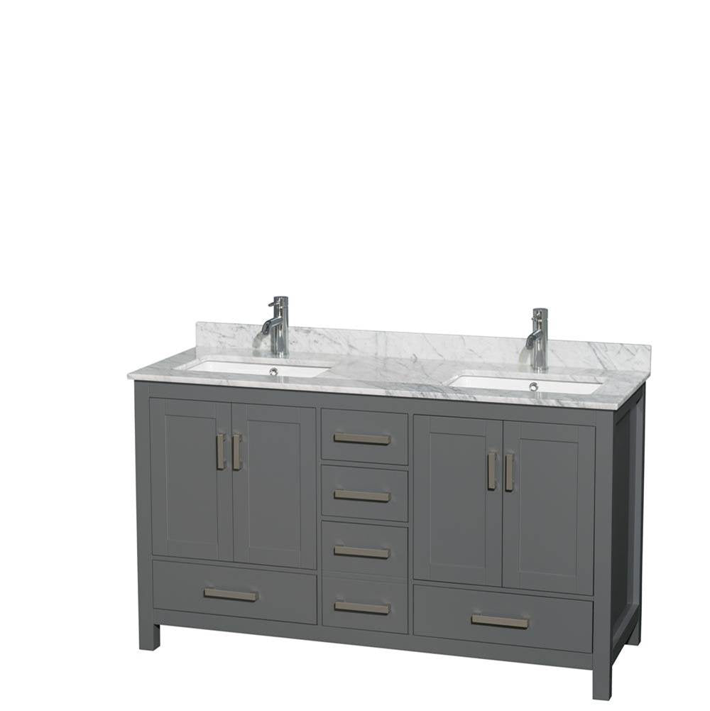Wyndham Collection - Sheffield 60 Inch Double Bathroom Vanity in Dark Gray, White Carrara Marble Countertop, Undermount Square Sinks, and No Mirror - Dark Gray