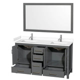 Sheffield 60 Inch Double Bathroom Vanity in Dark Gray, White Cultured Marble Countertop, Undermount Square Sinks, 58 Inch Mirror