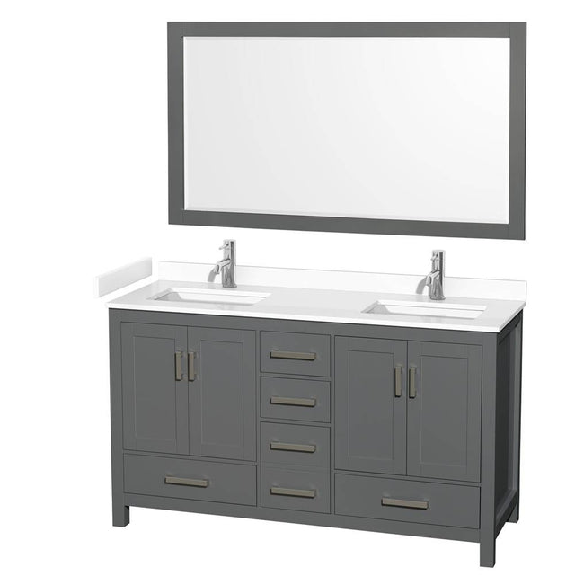 Wyndham Collection - Sheffield 60 Inch Double Bathroom Vanity in Dark Gray, White Cultured Marble Countertop, Undermount Square Sinks, 58 Inch Mirror