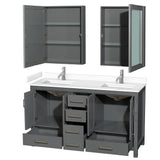 Sheffield 60 Inch Double Bathroom Vanity in Dark Gray, White Cultured Marble Countertop, Undermount Square Sinks, Medicine Cabinets