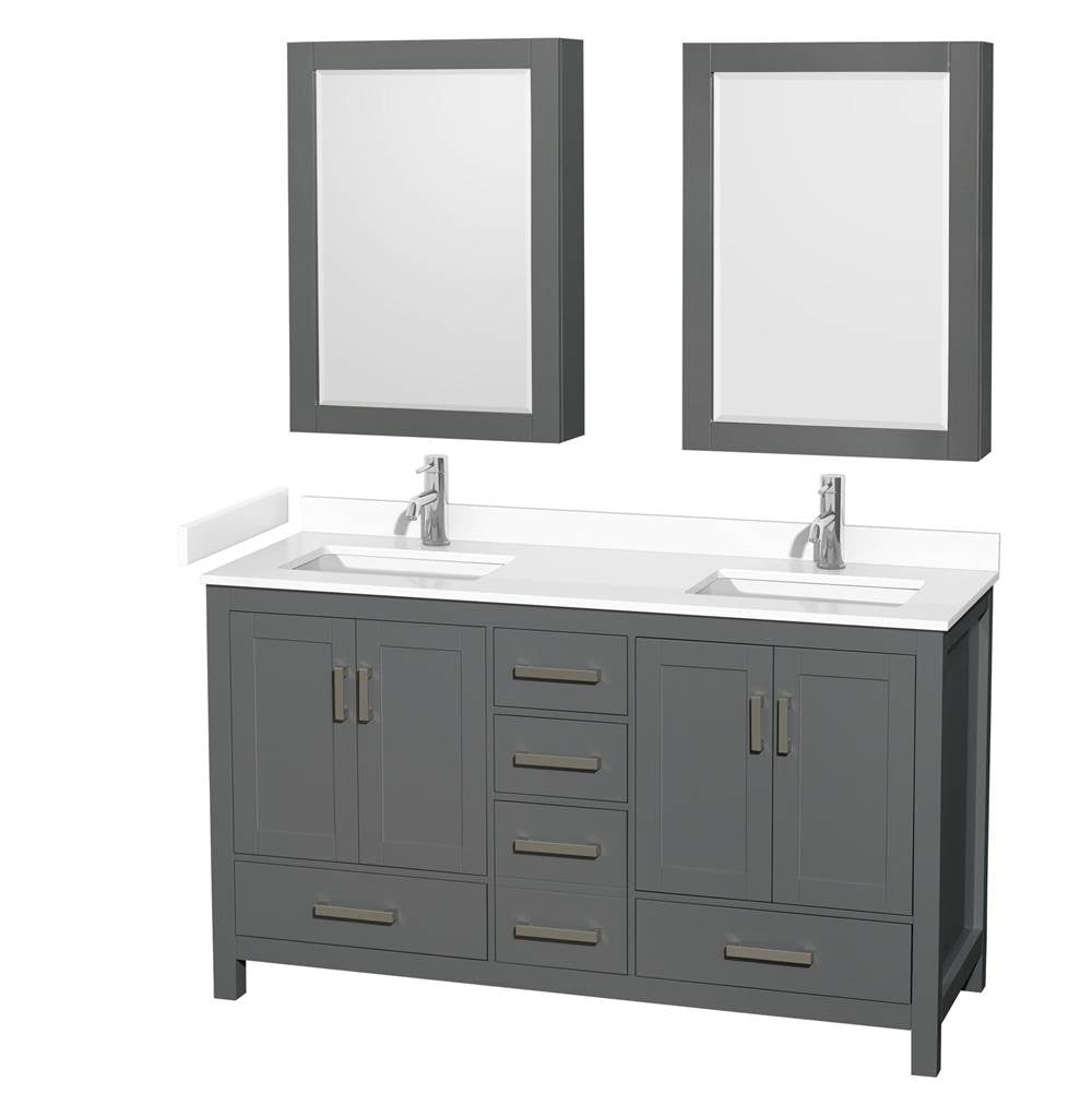Wyndham Collection - Sheffield 60 Inch Double Bathroom Vanity in Dark Gray, White Cultured Marble Countertop, Undermount Square Sinks, Medicine Cabinets