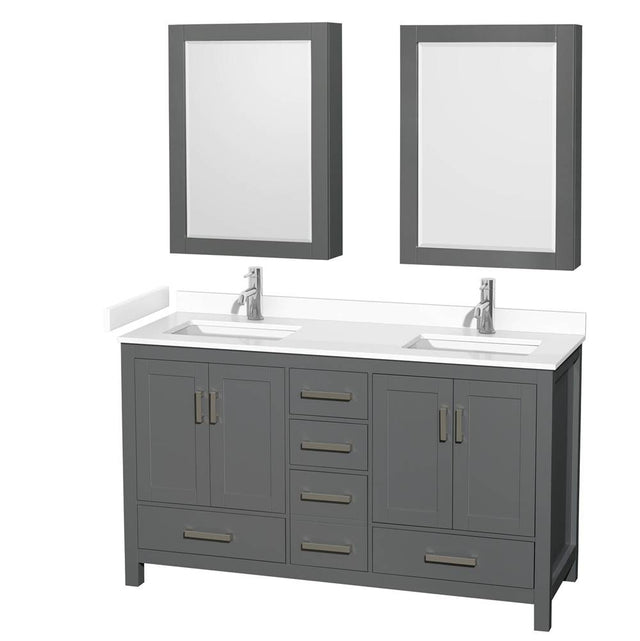 Wyndham Collection - Sheffield 60 Inch Double Bathroom Vanity in Dark Gray, White Cultured Marble Countertop, Undermount Square Sinks, Medicine Cabinets