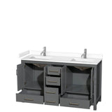 Sheffield 60 Inch Double Bathroom Vanity in Dark Gray, White Cultured Marble Countertop, Undermount Square Sinks, No Mirror