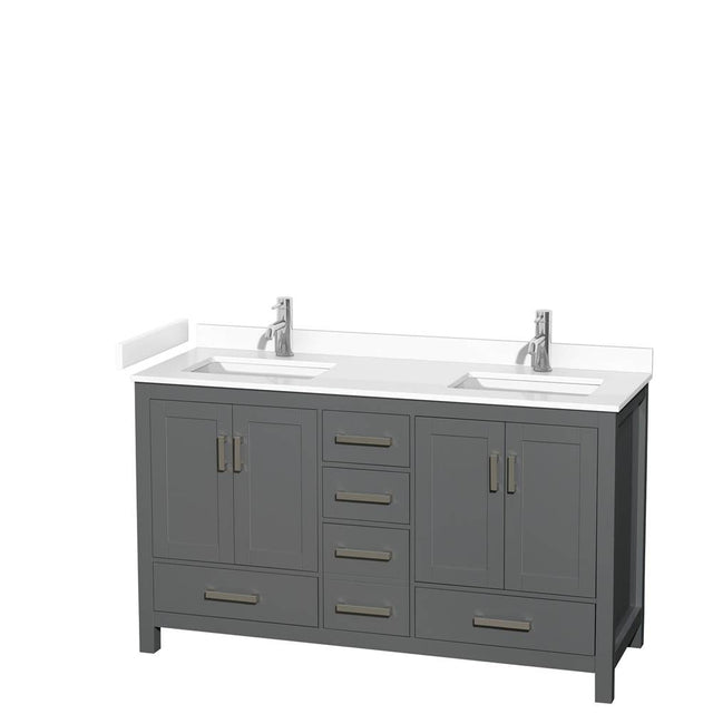 Wyndham Collection - Sheffield 60 Inch Double Bathroom Vanity in Dark Gray, White Cultured Marble Countertop, Undermount Square Sinks, No Mirror