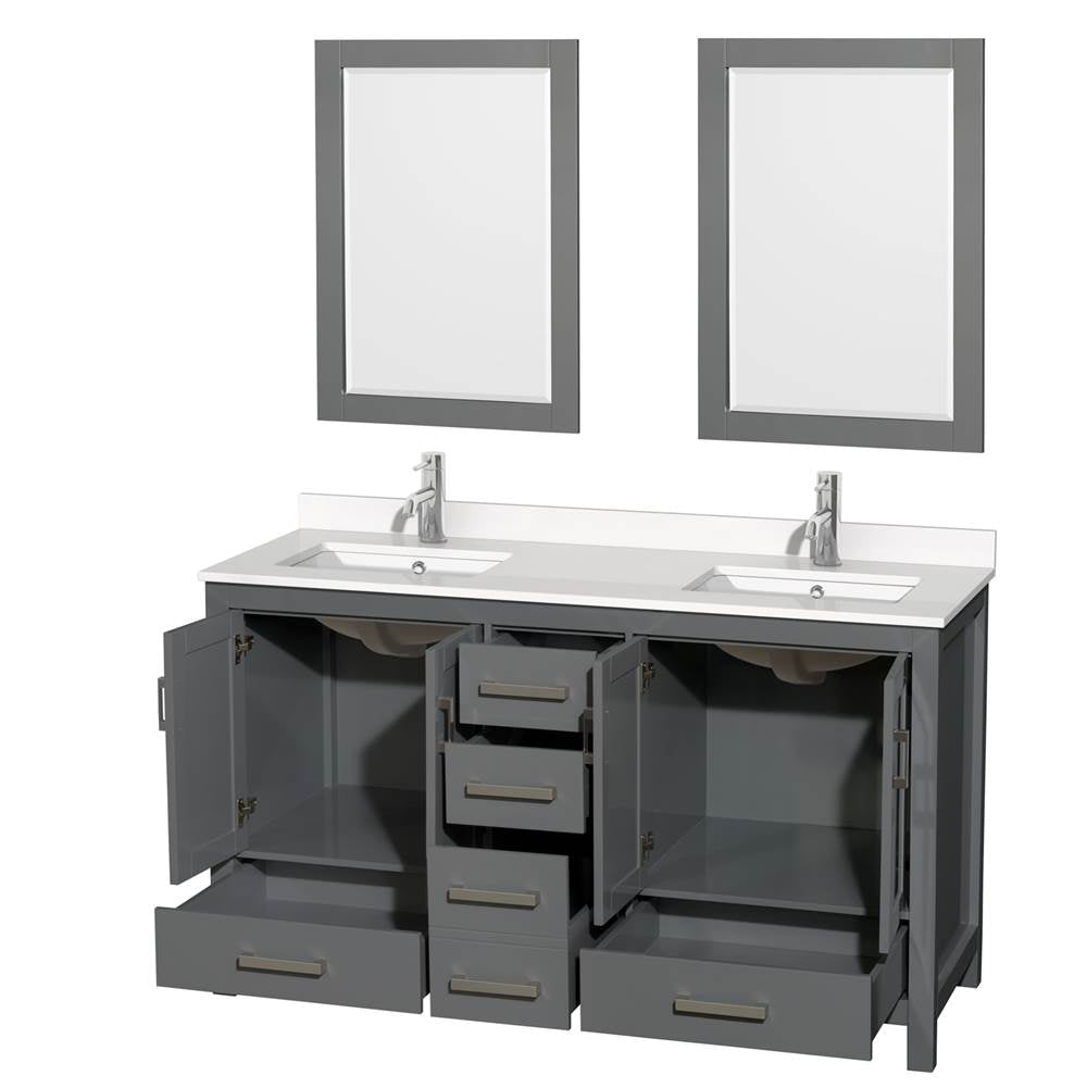 Sheffield 60 Inch Double Bathroom Vanity in Gray, White Quartz Countertop, Undermount Square Sinks, 24 Inch Mirrors