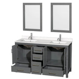 Sheffield 60 Inch Double Bathroom Vanity in Gray, White Quartz Countertop, Undermount Square Sinks, 24 Inch Mirrors