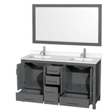 Sheffield 60 Inch Double Bathroom Vanity in Gray, White Quartz Countertop, Undermount Square Sinks, 58 Inch Mirror