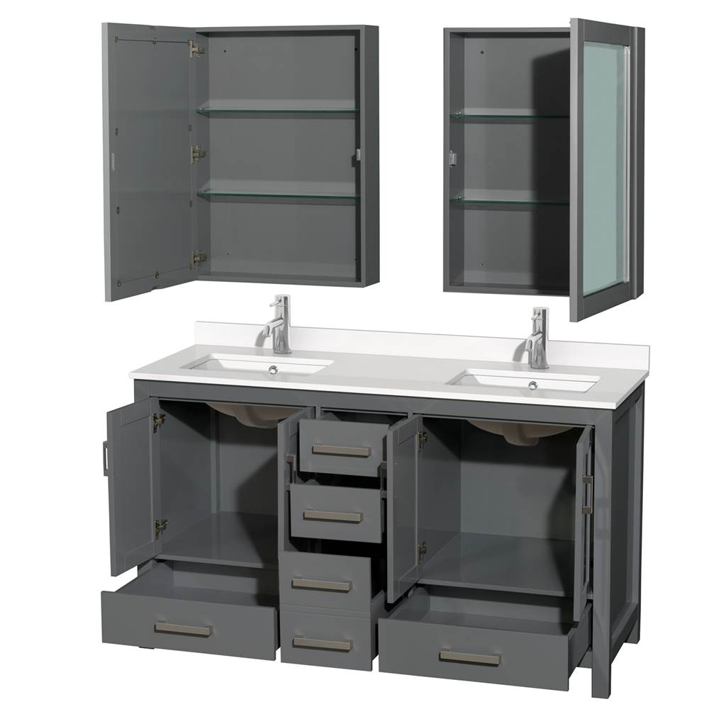 Sheffield 60 Inch Double Bathroom Vanity in Gray, White Quartz Countertop, Undermount Square Sinks, Medicine Cabinets