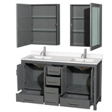 Sheffield 60 Inch Double Bathroom Vanity in Gray, White Quartz Countertop, Undermount Square Sinks, Medicine Cabinets
