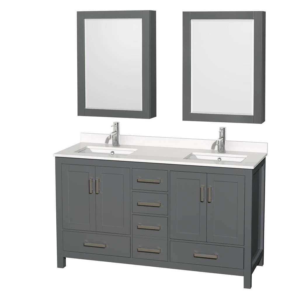 Wyndham Collection - Sheffield 60 Inch Double Bathroom Vanity in Dark Gray, White Quartz Countertop, Undermount Square Sinks, Medicine Cabinets - Dark Gray