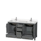 Sheffield 60 Inch Double Bathroom Vanity in Gray, White Quartz Countertop, Undermount Square Sinks, No Mirror