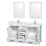Sheffield 60 Inch Double Bathroom Vanity in White, Carrara Cultured Marble Countertop, Undermount Square Sinks, 24 Inch Mirrors