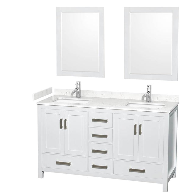Wyndham Collection - Sheffield 60 Inch Double Bathroom Vanity in White, Carrara Cultured Marble Countertop, Undermount Square Sinks, 24 Inch Mirrors