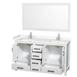 Sheffield 60 Inch Double Bathroom Vanity in White, Carrara Cultured Marble Countertop, Undermount Square Sinks, 58 Inch Mirror