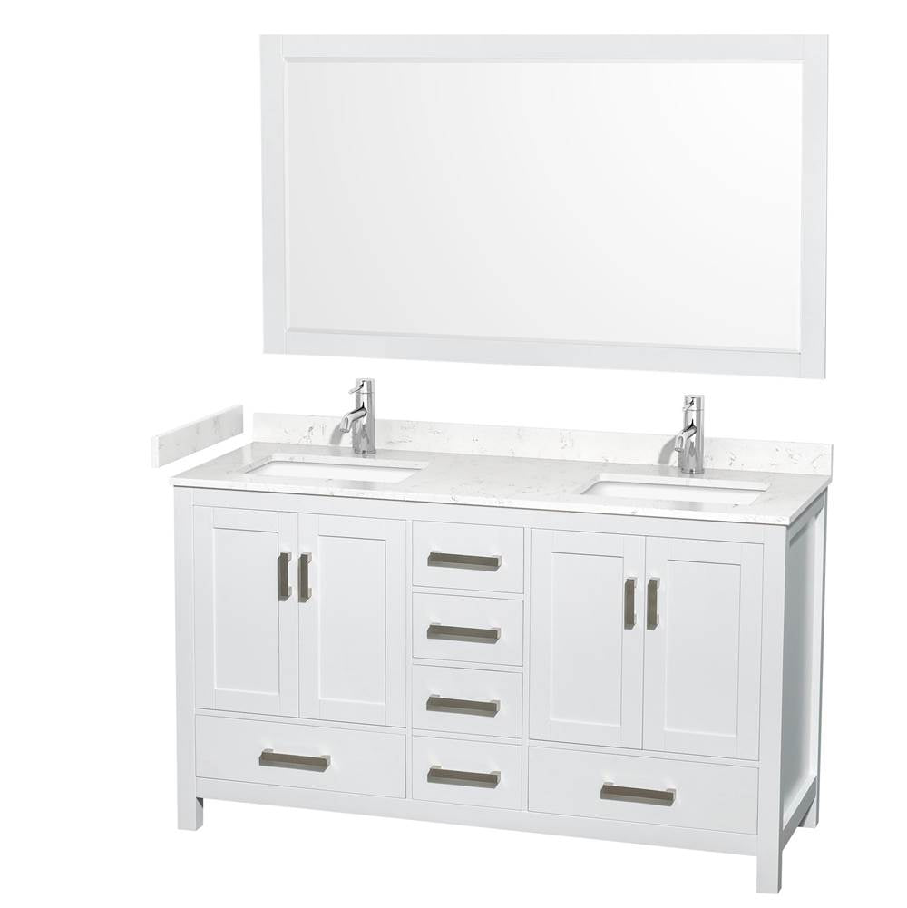 Wyndham Collection - Sheffield 60 Inch Double Bathroom Vanity in White, Carrara Cultured Marble Countertop, Undermount Square Sinks, 58 Inch Mirror