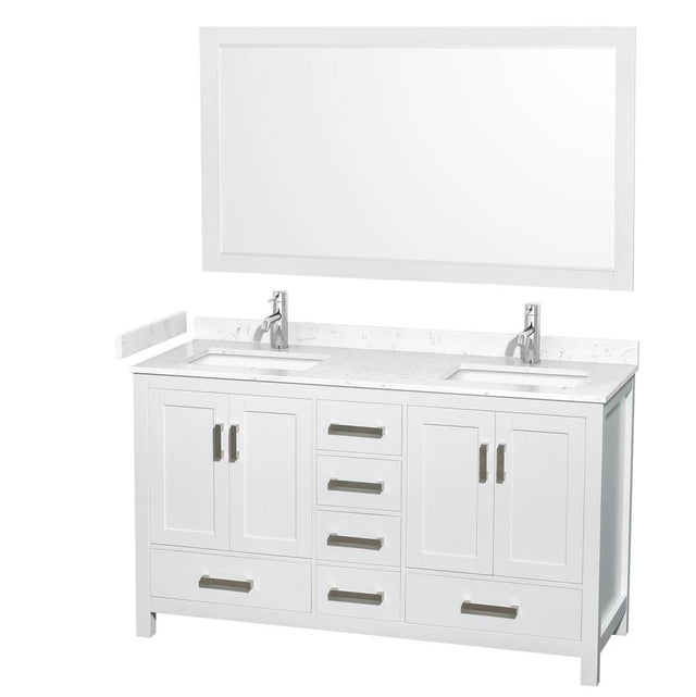 Wyndham Collection - Sheffield 60 Inch Double Bathroom Vanity in White, Carrara Cultured Marble Countertop, Undermount Square Sinks, 58 Inch Mirror