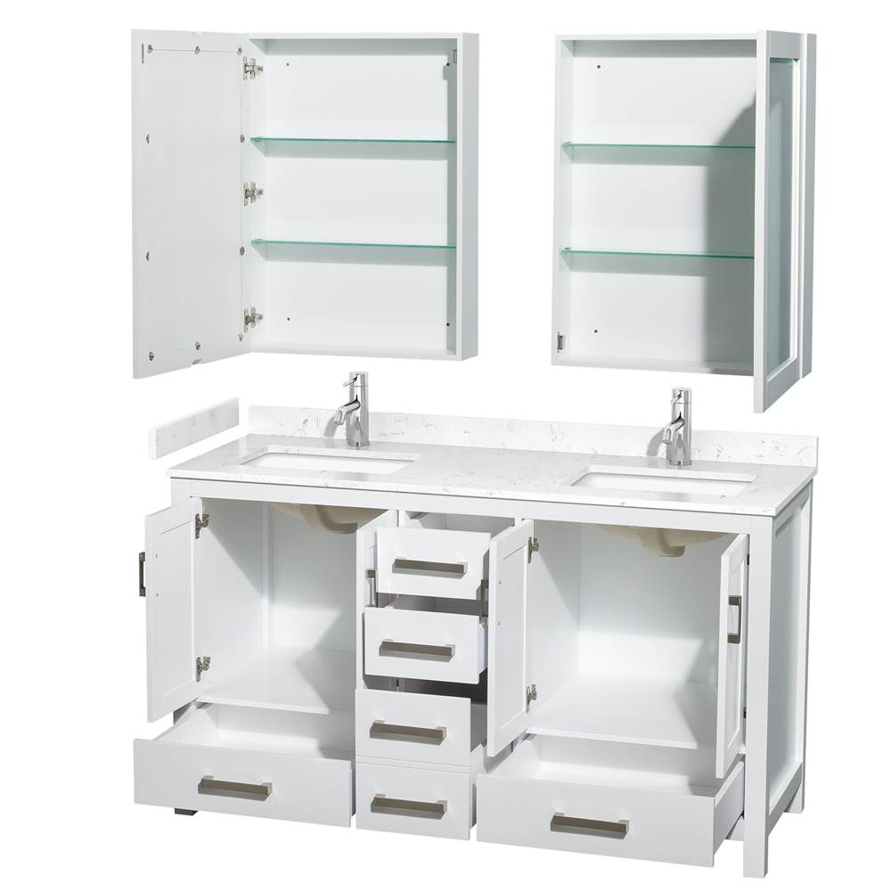 Sheffield 60 Inch Double Bathroom Vanity in White, Carrara Cultured Marble Countertop, Undermount Square Sinks, Medicine Cabinets