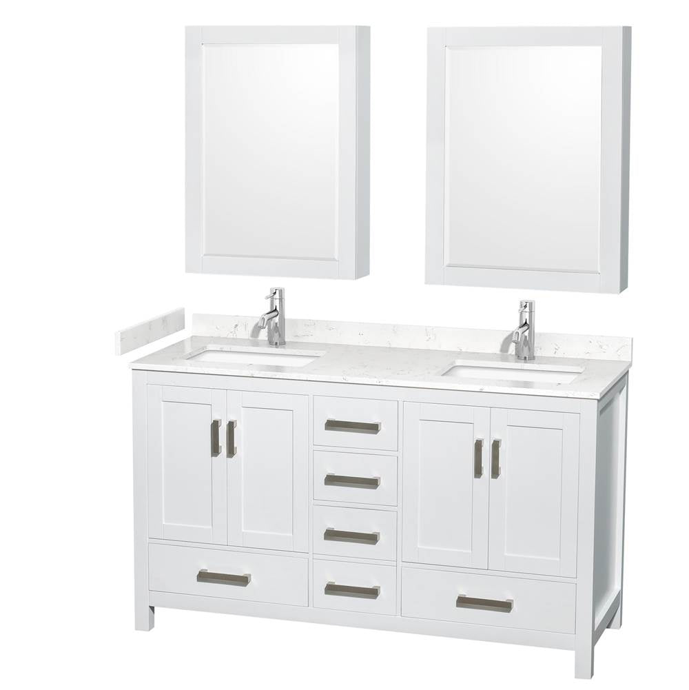 Wyndham Collection - Sheffield 60 Inch Double Bathroom Vanity in White, Carrara Cultured Marble Countertop, Undermount Square Sinks, Medicine Cabinets