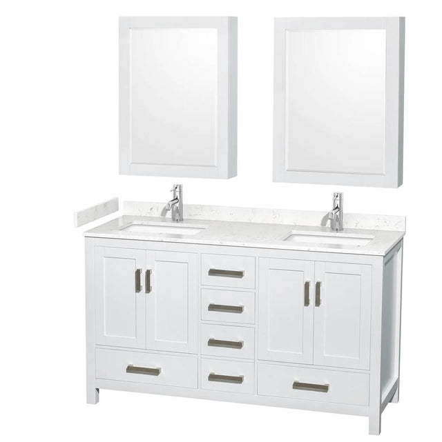 Wyndham Collection - Sheffield 60 Inch Double Bathroom Vanity in White, Carrara Cultured Marble Countertop, Undermount Square Sinks, Medicine Cabinets