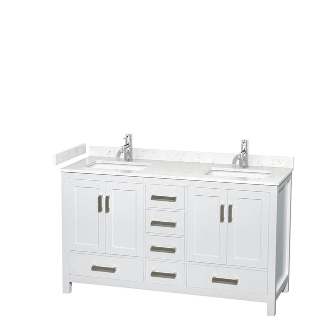 Wyndham Collection - Sheffield 60 Inch Double Bathroom Vanity in White, Carrara Cultured Marble Countertop, Undermount Square Sinks, No Mirror