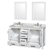 Sheffield 60 Inch Double Bathroom Vanity in Espresso, White Carrara Marble Countertop, Undermount Oval Sinks, and 24 Inch Mirrors