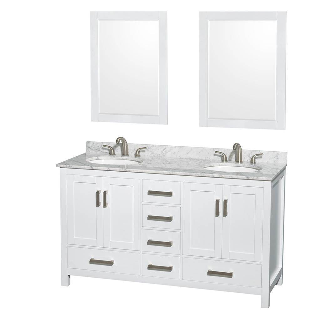 Wyndham Collection - Sheffield 60 Inch Double Bathroom Vanity in White, White Carrara Marble Countertop, Undermount Oval Sinks, and 24 Inch Mirrors - White