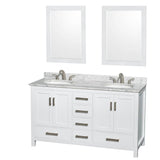 Wyndham Collection - Sheffield 60 Inch Double Bathroom Vanity in White, White Carrara Marble Countertop, Undermount Oval Sinks, and 24 Inch Mirrors - White