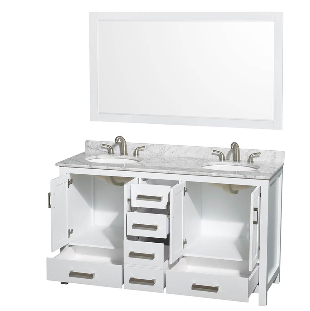 Sheffield 60 Inch Double Bathroom Vanity in Espresso, White Carrara Marble Countertop, Undermount Oval Sinks, and 58 Inch Mirror