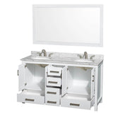 Sheffield 60 Inch Double Bathroom Vanity in Espresso, White Carrara Marble Countertop, Undermount Oval Sinks, and 58 Inch Mirror