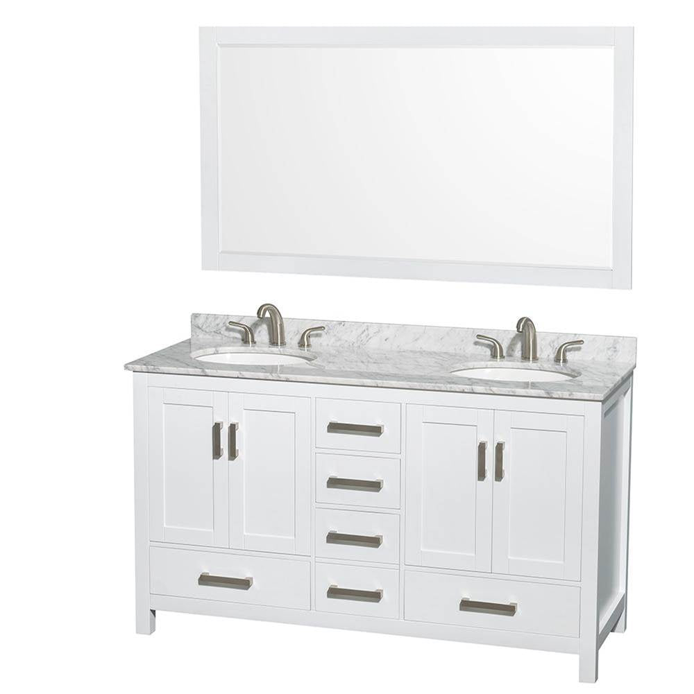 Wyndham Collection - Sheffield 60 Inch Double Bathroom Vanity in White, White Carrara Marble Countertop, Undermount Oval Sinks, and 58 Inch Mirror - White