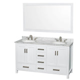 Wyndham Collection - Sheffield 60 Inch Double Bathroom Vanity in White, White Carrara Marble Countertop, Undermount Oval Sinks, and 58 Inch Mirror - White